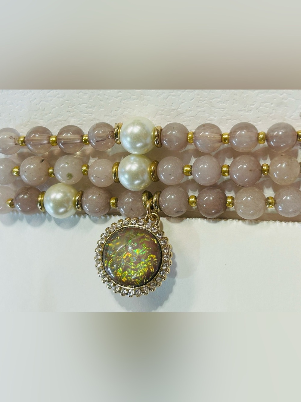 Bracelet Beaded Tan & White Faux Pearl Glass & Stone Beads 3 Strand